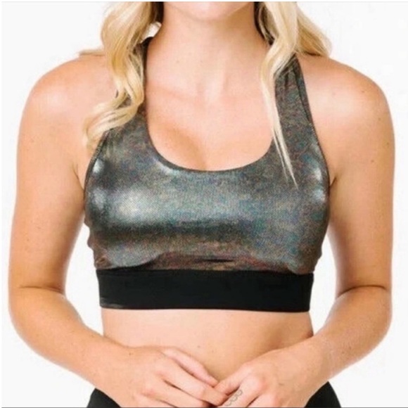 ZYIA Other - Zyia Sports Bra Women’s Holographic Disco Luxe Gunmetal Silver Racerback Size XL